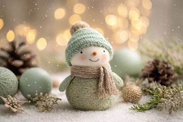 Obraz premium Charming textile snowman figure sits amidst soft winter decorations and festive lights