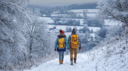 Happy couple hiking in snowy winter — back view together