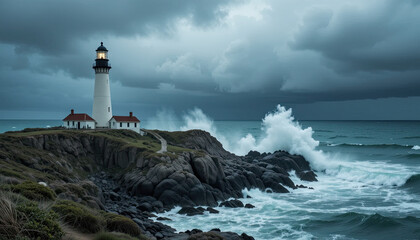 Dramatic coastal scene with a bright lighthouse standing tall against crashing waves, a beacon of hope amidst the storm, perfect for travel, adventure, and resilience themes