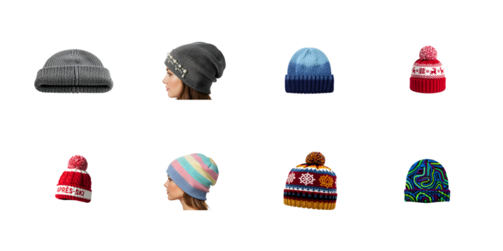Set of eight winter hat celebration isolated on transparent background