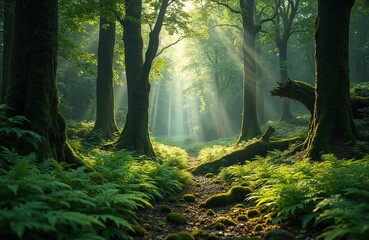 Obraz premium Sun light in old forest. Ferns, moss covered rocks and trees along footpath. Fresh summer green wood. Scenic tranquil woodland view. Nature escape. Ecology and travel. Environment concept.