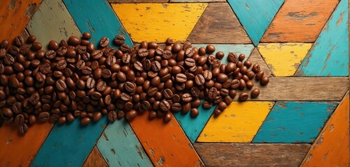 Brown coffee beans scattered on rustic wooden surface with colorful geometric patterns. Arrangement contrasting textures, warm hues, suggesting natural product. Image perfect for beverage related
