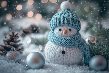 Obraz premium Knitted snowman figurine rests among holiday decorations on snowy surface with falling snow