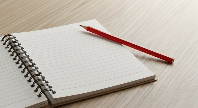 Open notebook with red pencil on wooden desk notepad - Powered by Adobe