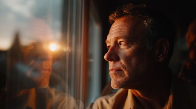 Man contemplating life while watching sunset through window in quiet room