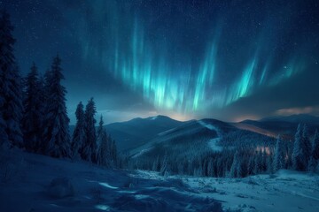 Naklejka premium Stunning celestial lights illuminate a vast, snow-covered mountain wilderness at night