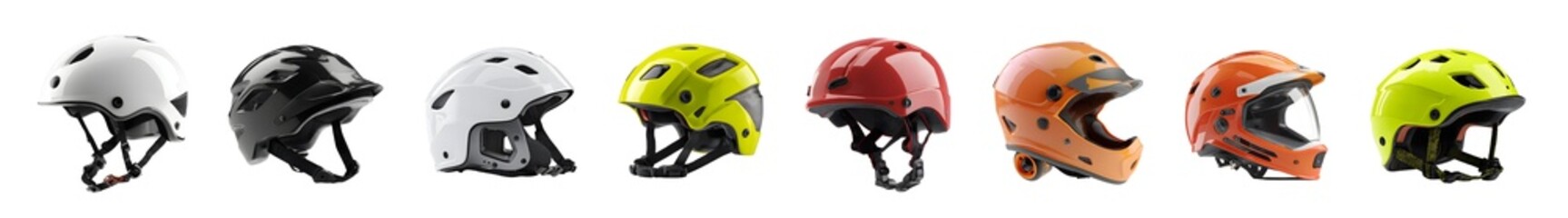Fototapeta premium Collection of diverse cycling helmets for various sports and activities.