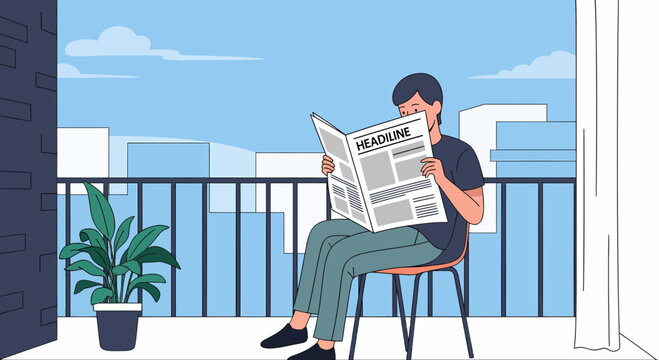 Relaxing Morning News On Balcony With Cityscape Background Illustration