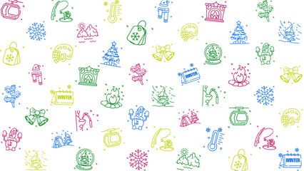 Doodle winter holiday icons line art seamless pattern on a colors background