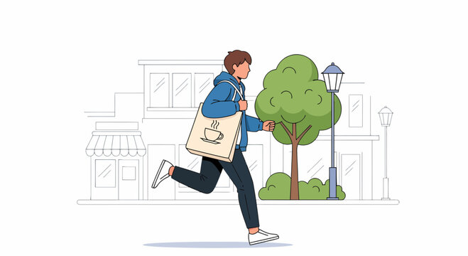 Urban Lifestyle Delivery Man Carrying Coffee On Eco Friendly Shopping Bag