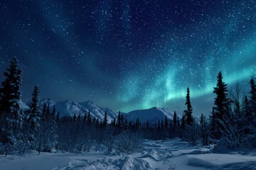 Naklejka premium Brilliant aurora borealis illuminates a vast, star-filled arctic night sky above snowy mountain peaks and evergreen forest