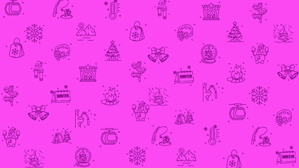Doodle winter holiday icons line art seamless pattern on a purple background