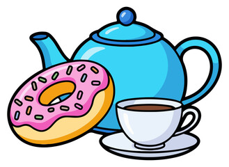 Delicious breakfast tea with teapot and cookies clipart illustration featuring eggs toast coffee and fruits colorful morning meal design for food art kitchen and restaurant.