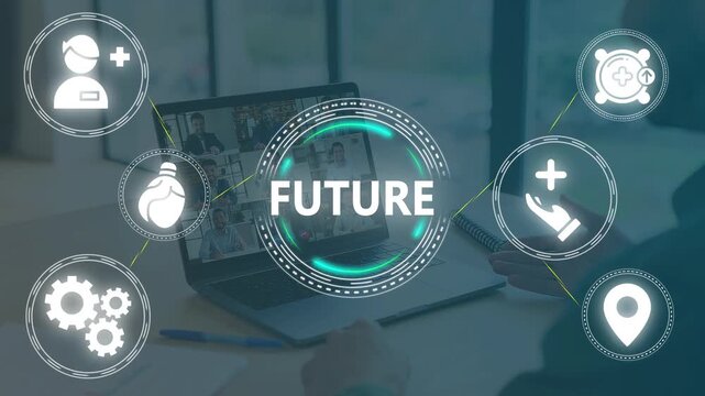 Pointing to the Future: Digital Health, Technology, and Innovation Concept. Young Man Interacting with a Futuristic Virtual Screen Displaying Tech Icons and the Word 'FUTURE'. - Powered by Adobe
