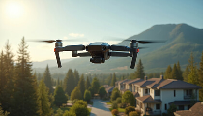 Drone flies over houses near trees. Quadcopter hovers in air over residential area at sunny day. Drone delivers cargo. Modern air delivery service in urban area. Mountain background.