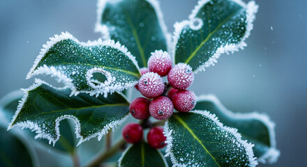 Frosty Holly Sprig with Red Berries in Winter Cold, Close-Up