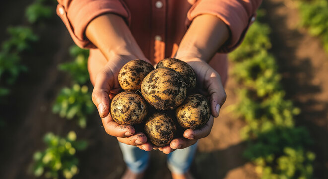 Freshly Harvested Organic Potatoes Held by Farmer's Hands