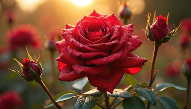 Close up of blooming red rose with dew drops in garden at sunrise. Soft morning light illuminates lush petals. Other roses and buds bloom around.