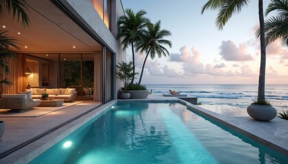Ocean view from modern luxury house. Infinity pool reflects sky. Palm trees decorate horizon. Interior includes lounge area. Serene scene depicts tranquil retreat. Woman relaxes near ocean on lounger.