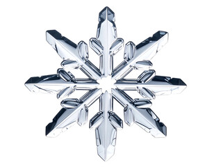 Intricate, six-pointed crystal snowflake against black
