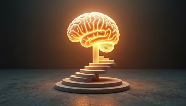 Glowing brain rests atop spiral stairs. Light radiates outward from the illuminated organ on pedestal. Represents intellect, growth, and achieving goals.