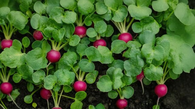 A bunch of radishes are growing in the dirt. There are many of them. They are all green and red