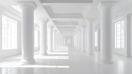 An expansive bright interior featuring a long perspective of classical white fluted columns and large sunlit  creating a grand and minimalist architectural space