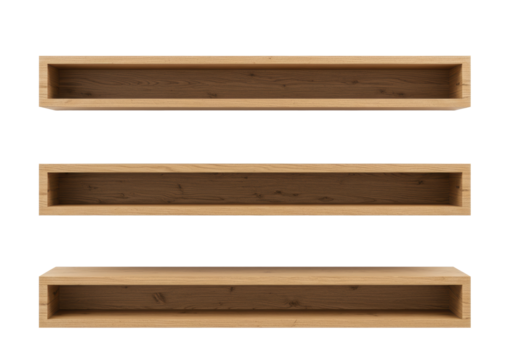 four thick, unmounted light oak shelves displaying detailed natural wood grain, stacked horizontally against a seamless transparent background, high-key product photography. Conceptual display mockup - Powered by Adobe