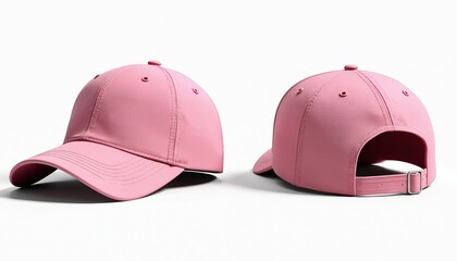 Fototapeta premium Two pink baseball caps displayed from front, back views. Blank headwear items perfect for graphic design, branding, advertising mockups. Hats offer clean template for custom prints, logos.