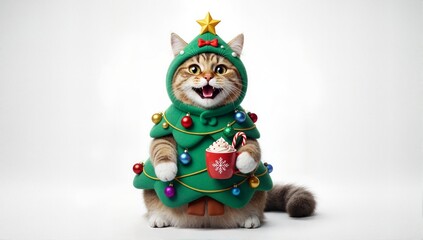 A funny cat in a Christmas tree costume holding a holiday mug. Happy tabby pet dressed up for Christmas on a white background with copy space