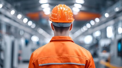 Rear view of a male worker in a bright orange uniform and hard hat moving through a vast well lit manufacturing facility
