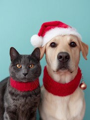 Cute cat and happy dog posing together wearing Santa hats and winter attire.