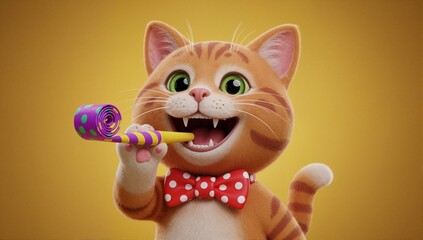 Happy cartoon ginger cat with a party blower celebrating a birthday. Cute 3D animal character with a red bow tie on a yellow background with copy space