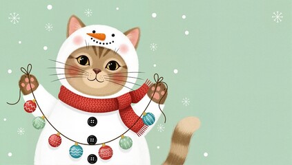 A cute cat in a snowman costume holding christmas ornaments. Adorable winter holiday animal character illustration. Festive seasonal greeting card with copy space