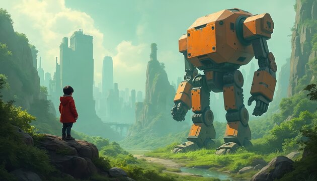 Small child in orange coat stands on rock looking at giant orange robot. Futuristic city buildings rise behind rich green valley and rocky cliffs. Foggy atmosphere suggests mystery and wonder.