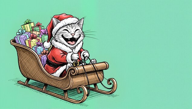 A funny cartoon cat in a Santa Claus costume riding a sleigh full of presents. Happy festive animal character illustration for the Christmas holiday with copy space