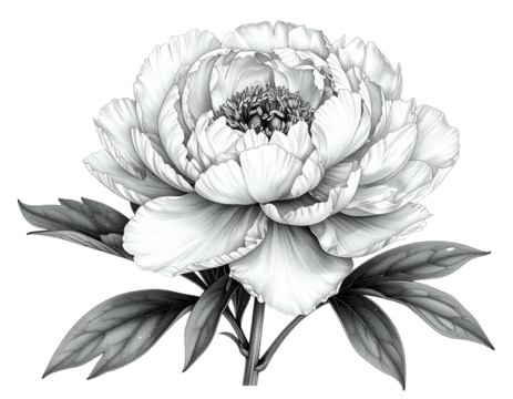 A detailed monochromatic illustration of a lush, layered peony bloom