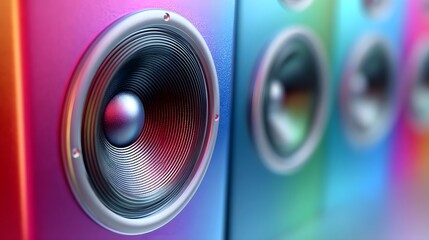 A detailed close up perspective of multiple modern sound speakers lined up featuring metallic speaker drivers illuminated by a spectrum of vibrant gradient colors