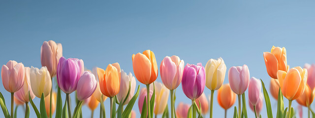 Colorful tulips under clear blue sky, soft shadows, pastel colors, spring vibes