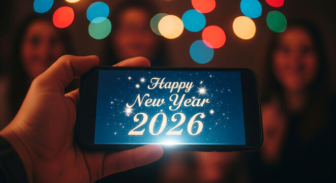 Hand holding smartphone displaying Happy New Year 2026 with festive bokeh lights background