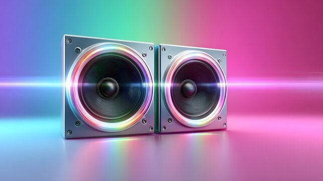 Dynamic pair of square audio speakers featuring colorful LED lighting around the cones and a central light flare set against a gradient background emphasizing sound and visual energy