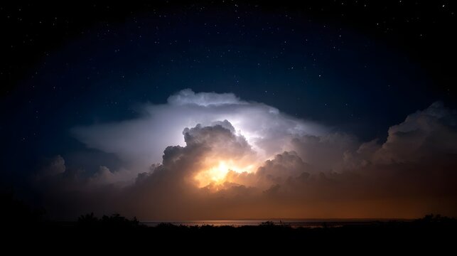 A dramatic lightning strike illuminates the dense storm clouds over the dark ocean horizon under a vast star filled night sky