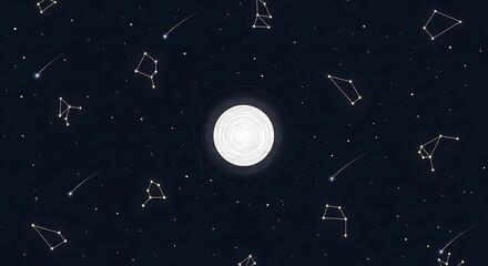 Night sky filled with constellations and shooting stars surrounding a bright central celestial body creating a cosmic dreamy scene