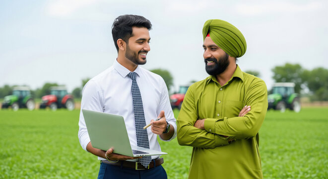 Agricultural Expert and Farmer Discussing Data in Green Field