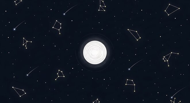 Night sky filled with constellations and shooting stars surrounding a bright central celestial body creating a cosmic dreamy scene - Powered by Adobe