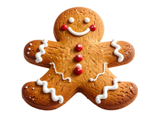 A smiling gingerbread cookie with white icing and red buttons