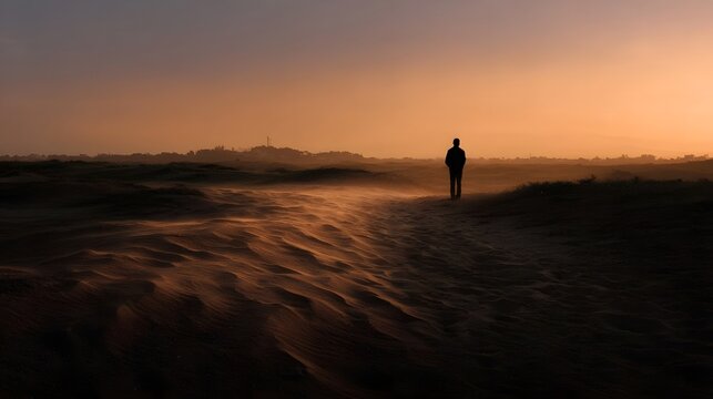 Lone silhouette walks through misty sand dunes at dusk with a warm hazy sky - Powered by Adobe