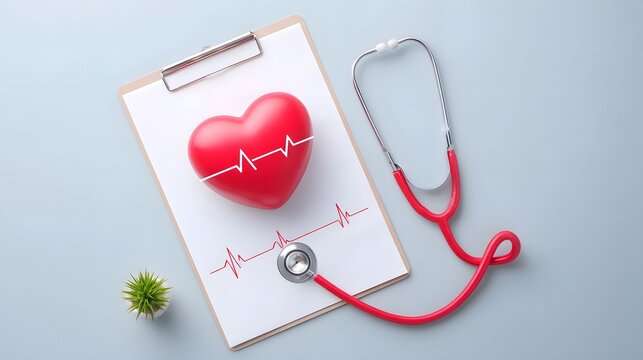 Conceptual image of heart health and medical examination  A red heart with a pulse line stethoscope and plant on a clipboard