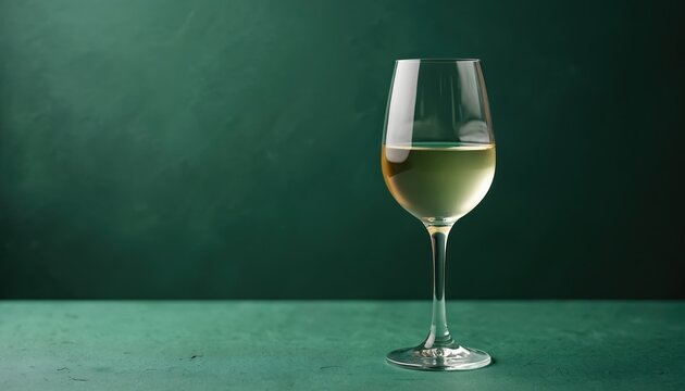 Glass of chilled white wine rests on a textured green table. The drink clarity and color are evident against a dark green backdrop, suggesting a sophisticated beverage moment.