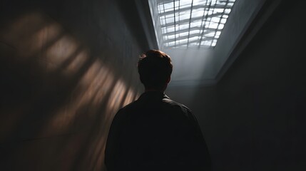Solitary figure walks towards light in a dark architectural corridor with dramatic shadow patterns